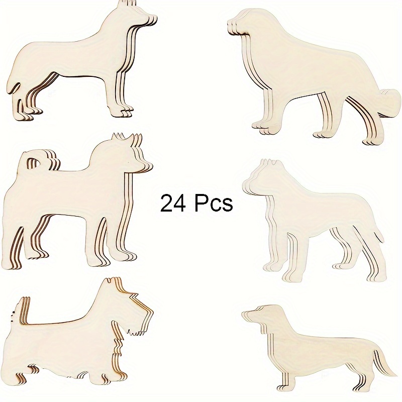 Woodworking Crafts - 工芸品、子犬の絵、動物、絵、パーティー、お祭りの装飾のための未完成の木製の切り抜き、24パック