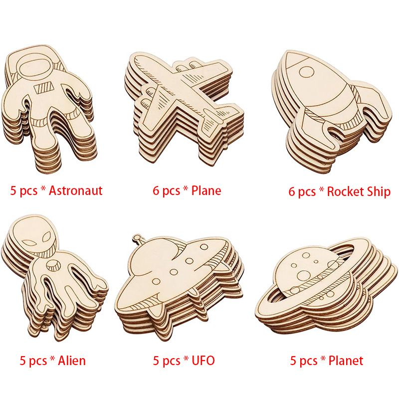 Woodworking Crafts - 未完成のカットアウト木製ペイント、装飾工芸品、子供用装飾品、DIY工芸品、家の装飾、宇宙空間、32個