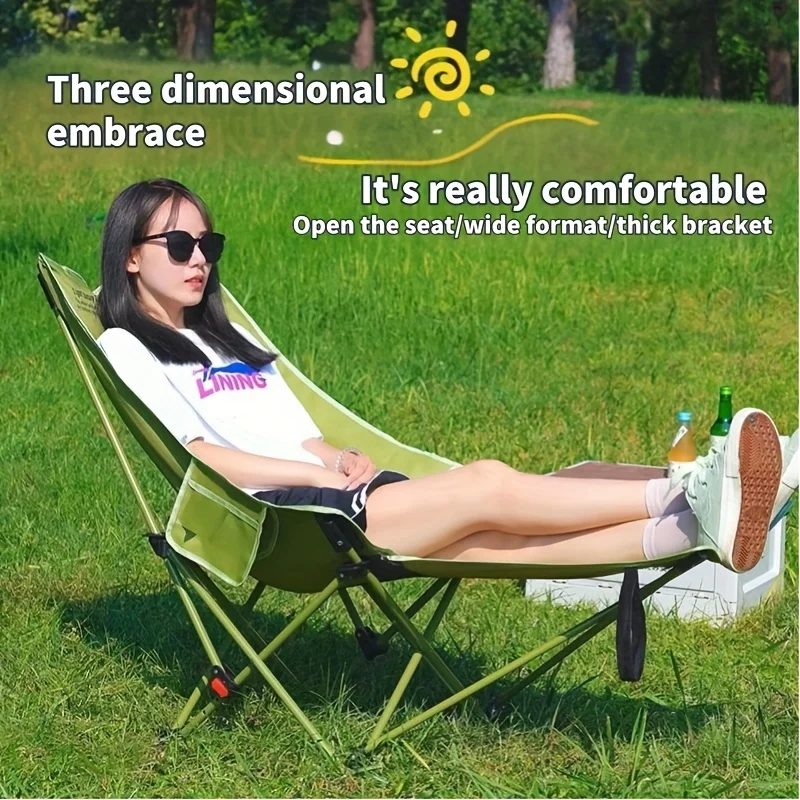 Woodworking Outdoor Furniture - キャンプ、釣り、アウトドアリラクゼーション用のポータブル調節可能な折りたたみムーンチェア - スチールフレーム、4ポジションレッグサポート