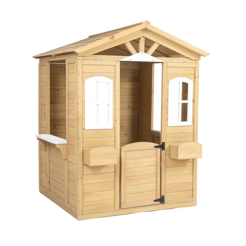 Woodworking Outdoor Furniture - モダンでクラシックな木製キッズプレイハウス、屋外家具、開閉可能なドア、窓、メールボックス、植木鉢ホルダー付き