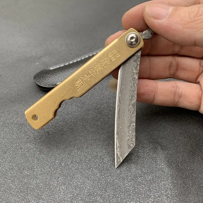 Woodworking Japan - Higonokami 日本ミニポケット折りたたみナイフ VG10 ダマスカス鋼キャンプ狩猟銅ハンドルナイフ屋外サバイバル EDC ツール