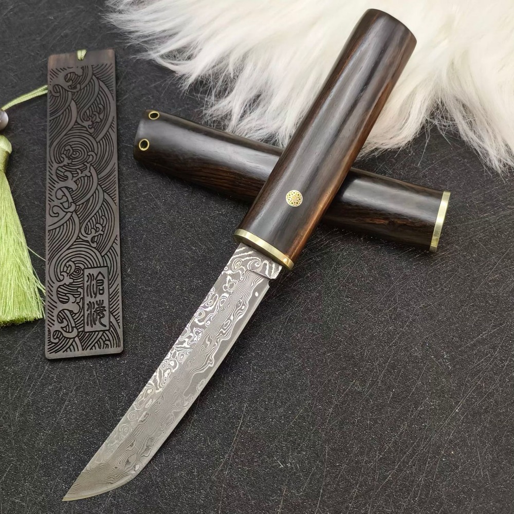 Woodworking Japan - 高硬度 VG10 ダマスカスタンブレード黒檀ハンドル固定刃ポケットナイフ日本スタイルキャンプサバイバルユーティリティ EDC ツール