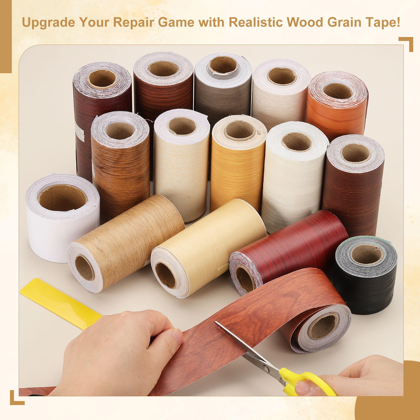 Xfasten Woodworking Tape - 10メートル木目調補修テープ 自己粘着リアルな質感の補修パッチ 剥がして貼るだけの木目テープ 家具用スクレーパー付き